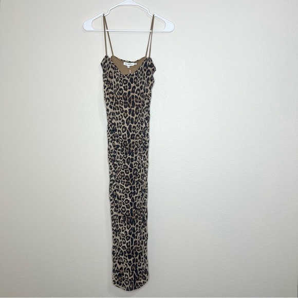 GOOD AMERICAN Tan & Black Leopard Sleeveless Ruched Mesh Midi Dress Sz L NWT - Picture 5 of 16